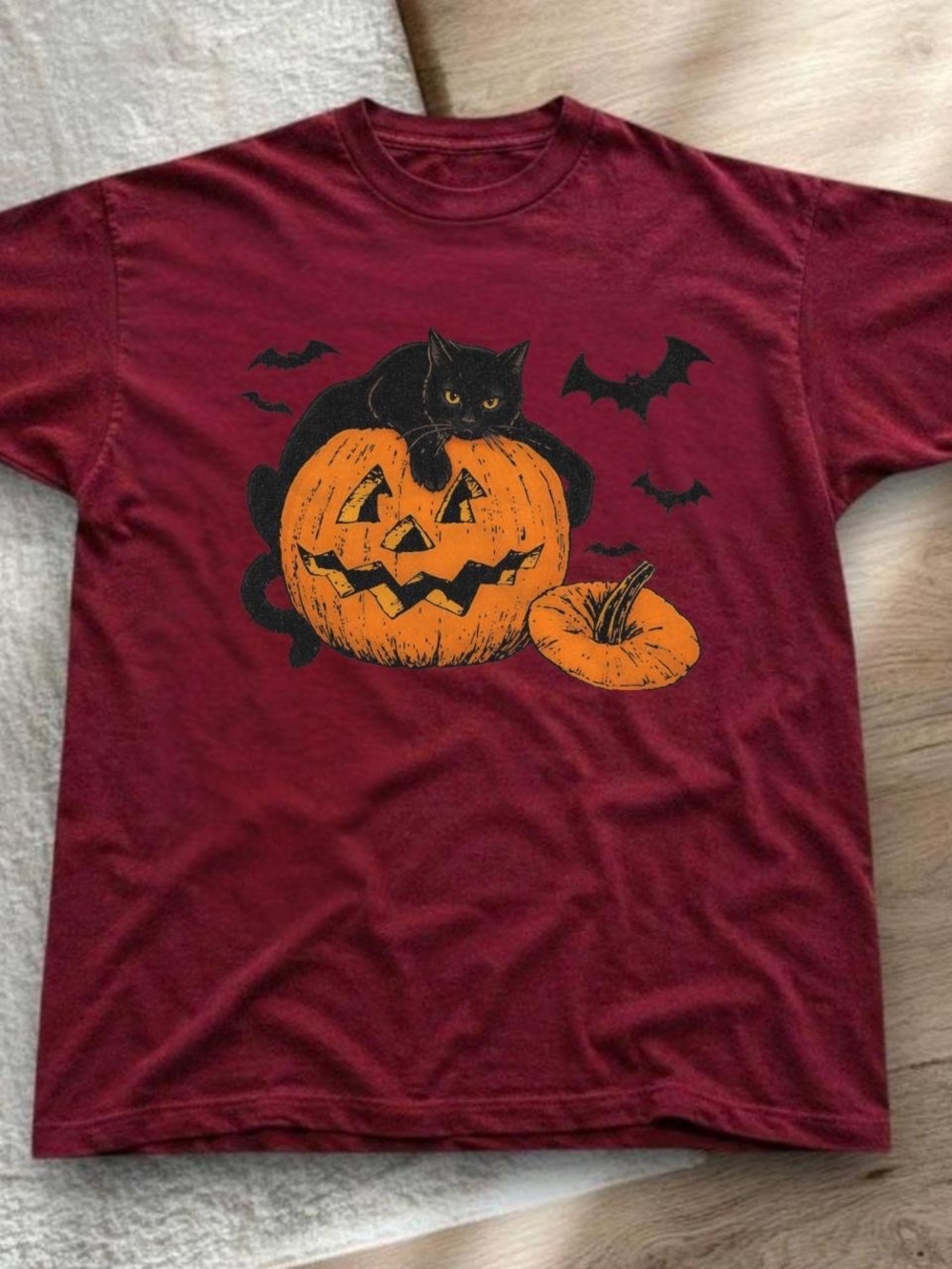 Gildan Maroon Halloween Cat & Pumpkin Graphic Tee